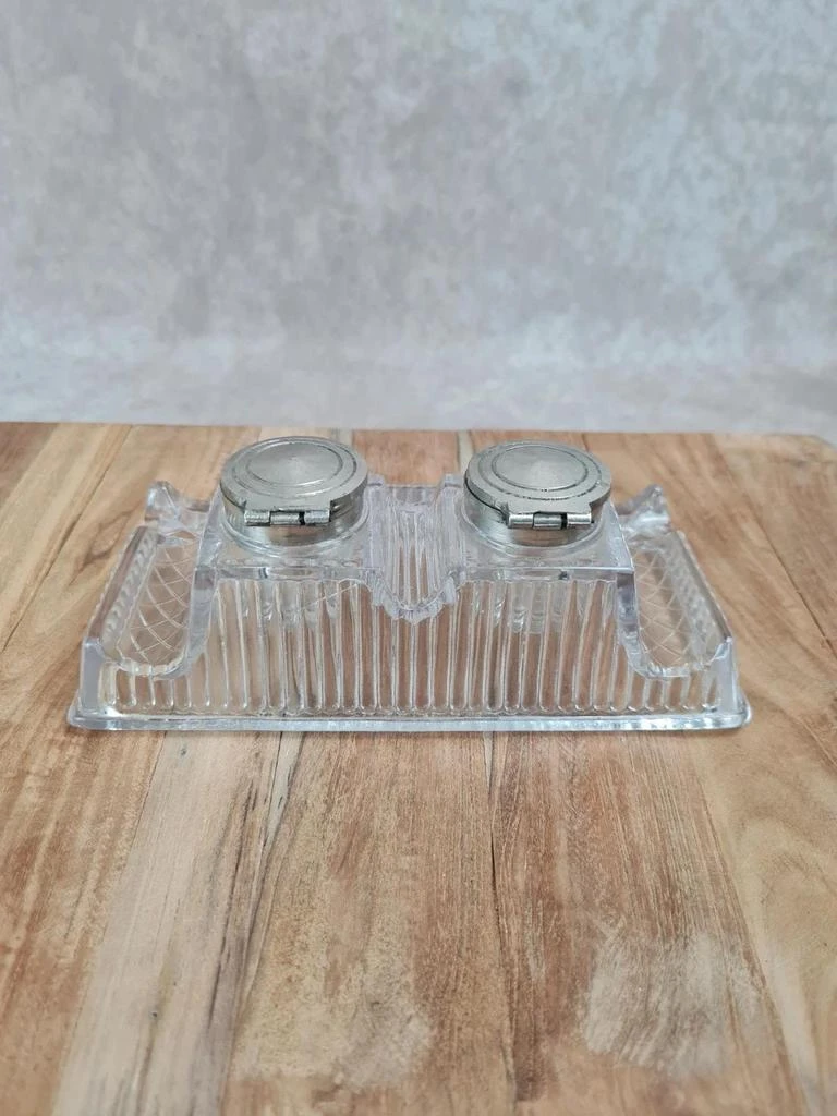 Encensadero doble antiguo de vidrio moldeado, magnífica pieza de escritorio vintage – photo 4